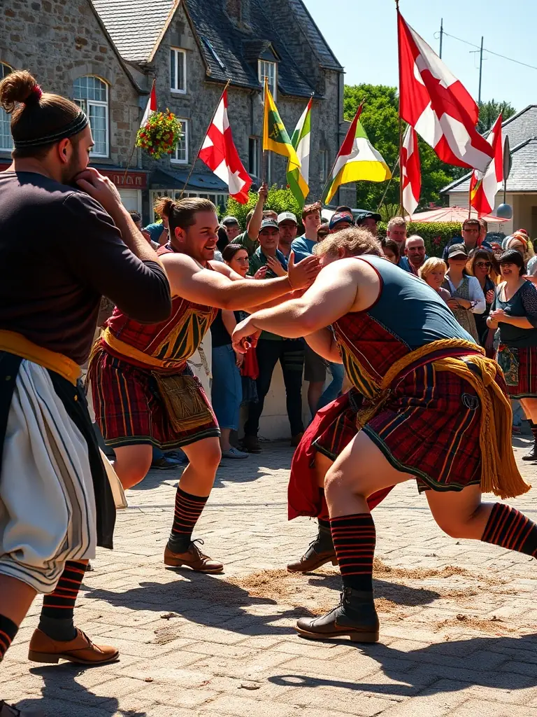 A vibrant image of wrestlers participating in a Breton wrestling (Gouren) competition, showcasing the unique traditional attire and grappling style. The setting is an outdoor arena with a festive atmosphere.