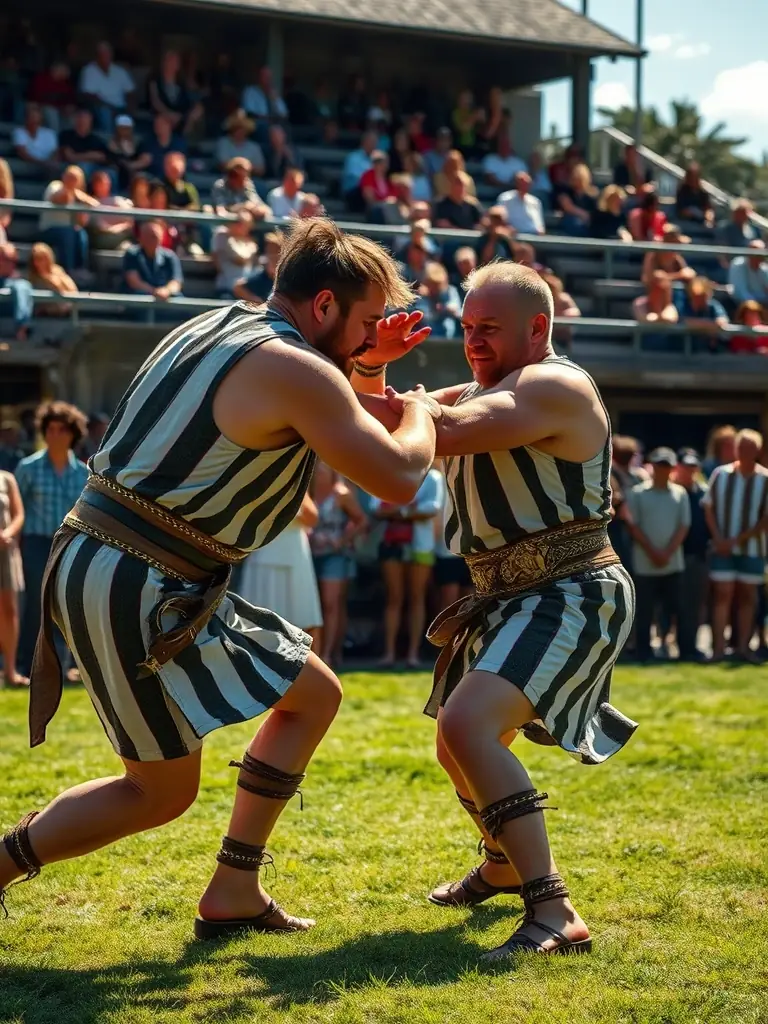 An authentic image of wrestlers participating in a Breton wrestling (Gouren) match, showcasing traditional attire and grappling techniques, set in an outdoor arena with a crowd watching.