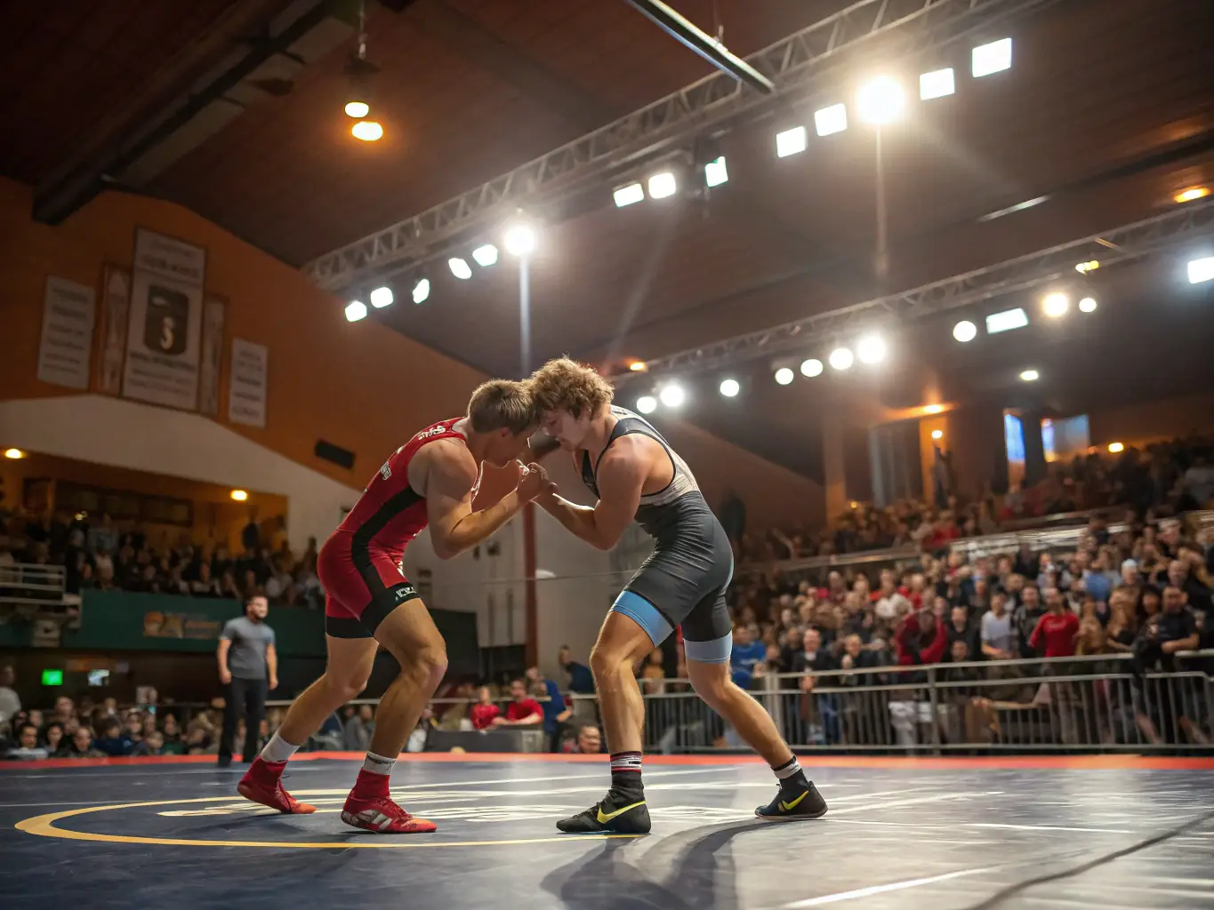 A dynamic image of athletes practicing wrestling techniques in a gym setting, showcasing strength and agility. The wrestlers are engaged in a Greco-Roman wrestling match, demonstrating their skill and power.