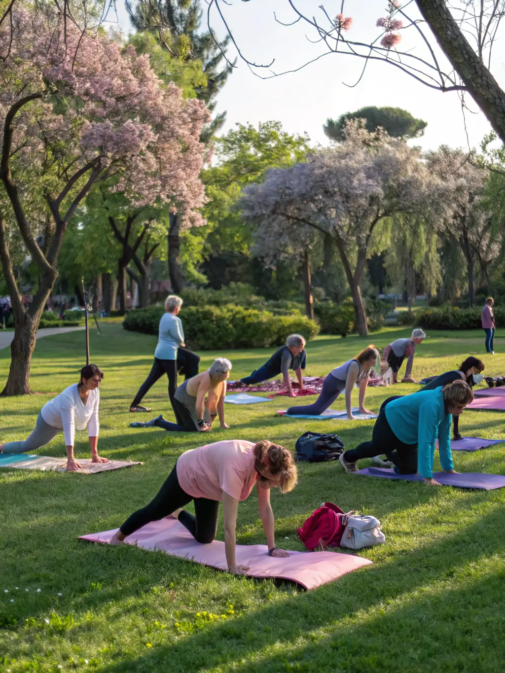A diverse group of individuals participating in a yoga session in a park, emphasizing the inclusivity and wellness focus of CSCCB's fitness programs.