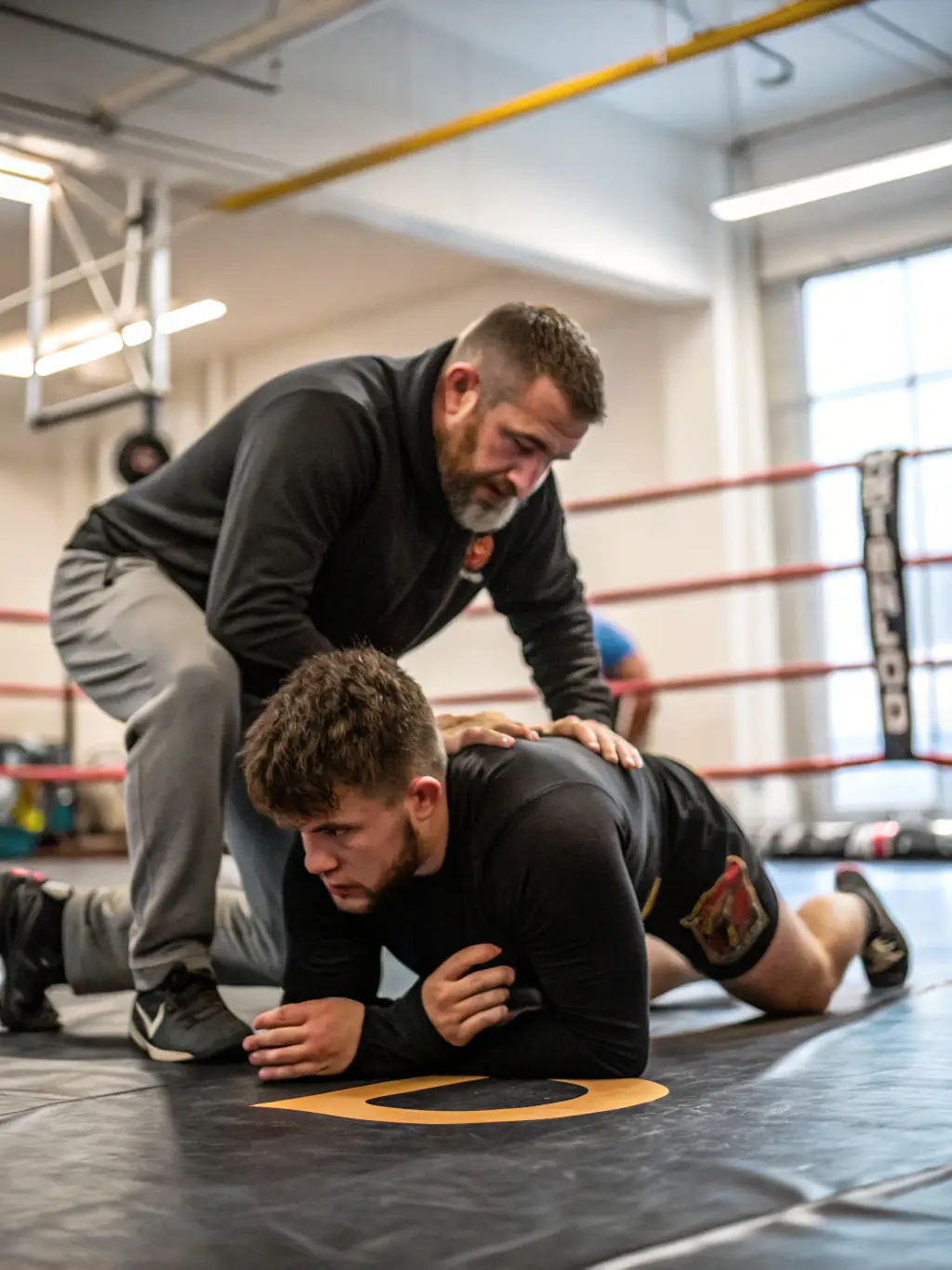 A photograph of female wrestlers demonstrating techniques during a women's wrestling training session. The image showcases their strength, skill, and determination.