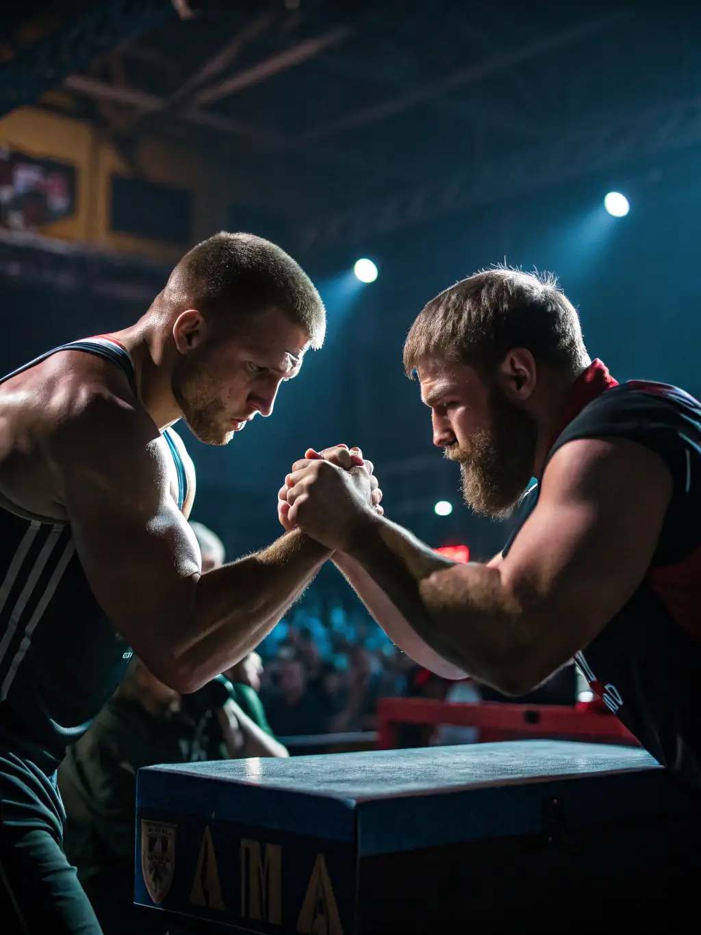 A focused shot of two wrestlers engaged in a Greco-Roman wrestling match, highlighting the upper body strength and technique involved. The background shows a blurred competition setting with spectators.
