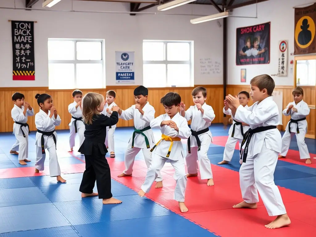 A group of children participating in a Sambo wrestling class, learning basic techniques under the guidance of an instructor. The image emphasizes the fun and inclusive nature of the program.