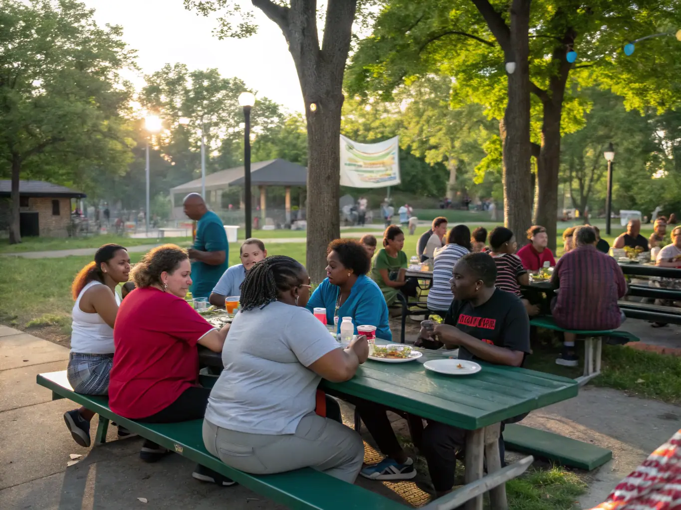 A photo of community members engaging in a social event, smiling and interacting, highlighting the sense of belonging and shared values.