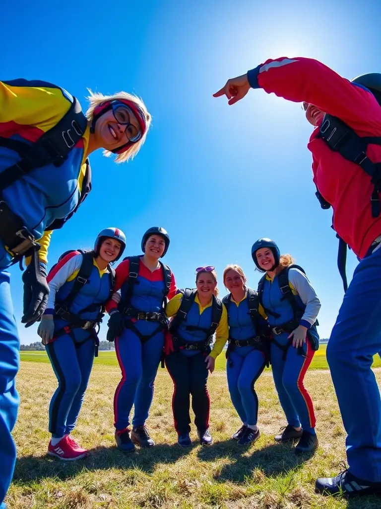 A group of women with disabilities and instructors, all smiling and wearing skydiving gear, standing together on a sunny airfield, representing the supportive community at All in Flight.