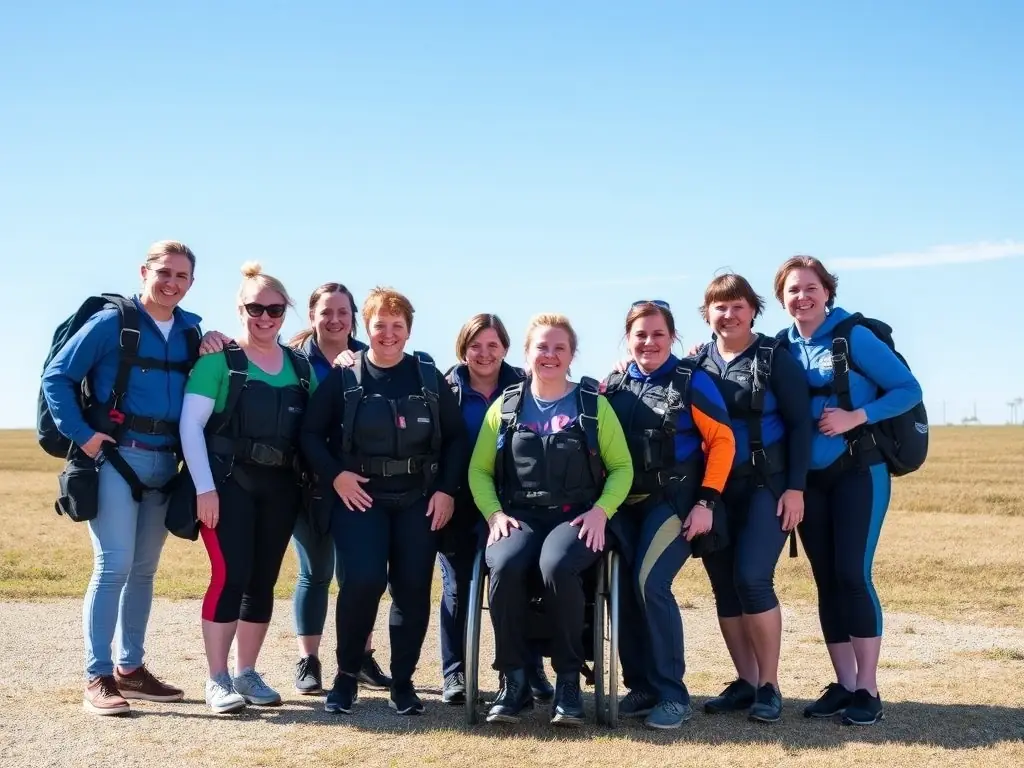 A group of women with disabilities and instructors, all smiling and wearing skydiving gear, standing together on the ground before a skydiving session, representing the community and support provided by All in Flight.