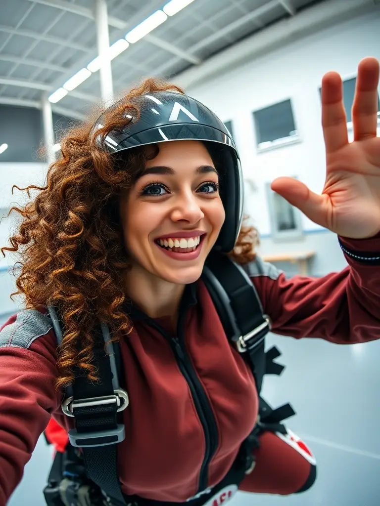 A close-up shot of a woman's face, beaming with joy and excitement as she experiences indoor skydiving, capturing the exhilaration and empowerment provided by All in Flight.