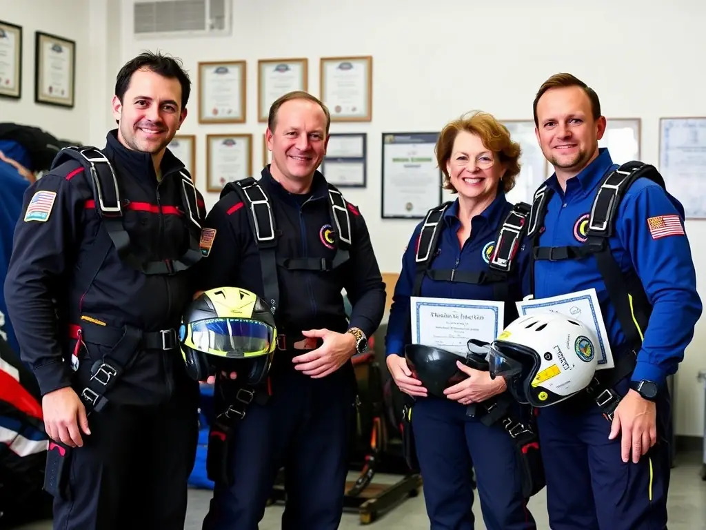 A diverse group of All in Flight instructors, showcasing their qualifications and expertise in adaptive skydiving techniques, ensuring the safety and well-being of all participants.