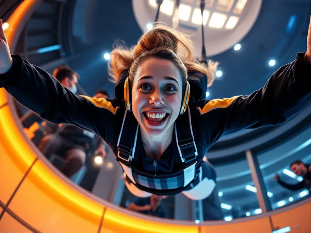 A woman floating in a vertical wind tunnel with a big smile, surrounded by safety gear and instructors, showcasing the indoor skydiving sessions at All in Flight.