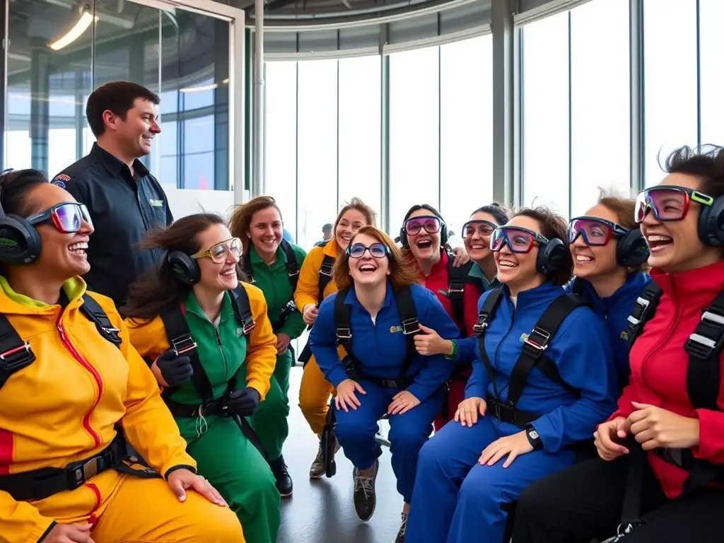 A group of women with disabilities laugh and cheer as they participate in an indoor skydiving session, guided by experienced instructors in a controlled and accessible environment.