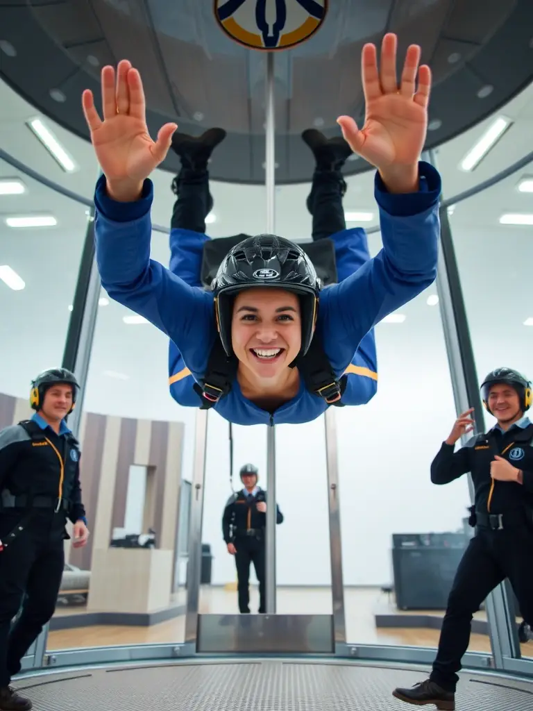 A woman floating in a vertical wind tunnel with a big smile, surrounded by safety gear and instructors, showcasing the Indoor Skydiving Sessions at All in Flight.