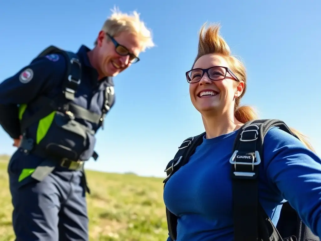 A woman with cancer smiles brightly as she prepares for a tandem skydiving jump, with a qualified instructor by her side, showcasing the supportive and empowering environment of All in Flight's programs.